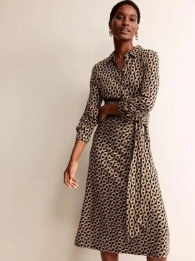 Boden Laura Jersey Midi Shirt Dress Camel Black Geo Chain Jersey Tencel Size 4P